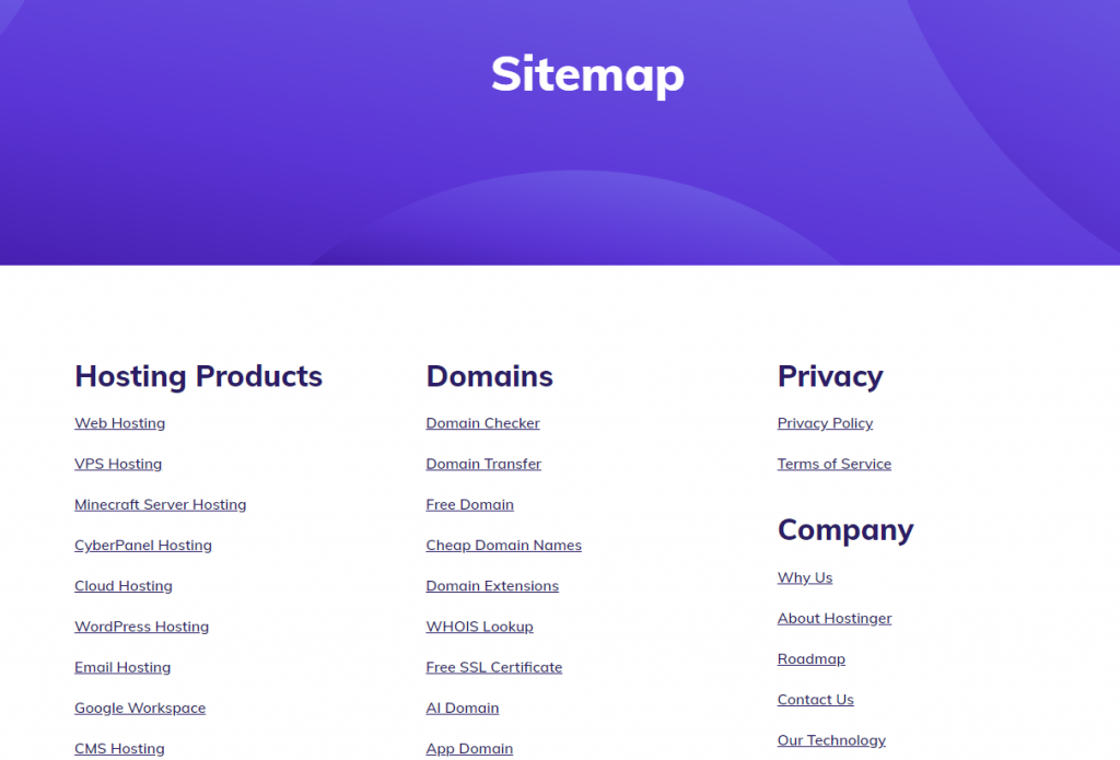 The HTML sitemap page of Hostinger