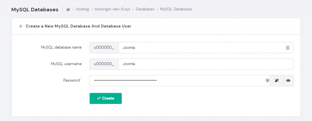 Screenshot of how to create a new MySQL Database and Database User