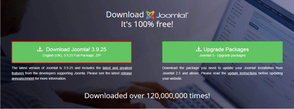 Screenshot of how to download the latest version of Joomla