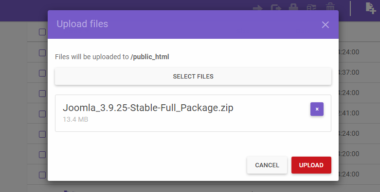 Screenshot of how to upload Joomla on hPanel