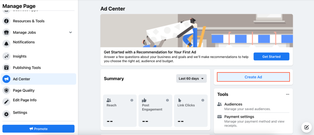 Ad center with Create Ad selected