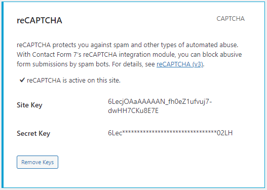 WordPress reCAPTCHA plugin API key pair.