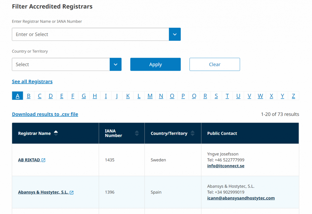 A table of accredited registrars and its filter settings on the Internet Corporation for Assigned Names and Numbers (ICANN) website