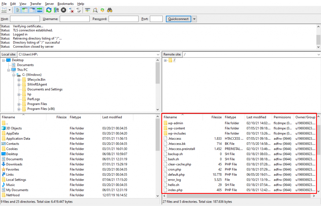 Screenshot of FileZilla showing the site's files stored in the public-html directory.