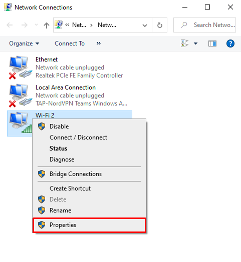 Screenshot of Windows Network Connections showing a drop down menu that highlights the properties button 