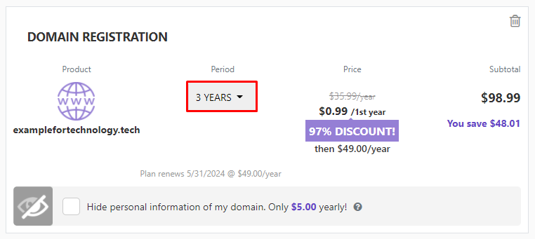 The domain registration duration box in the Hostinger's Domain Registration page