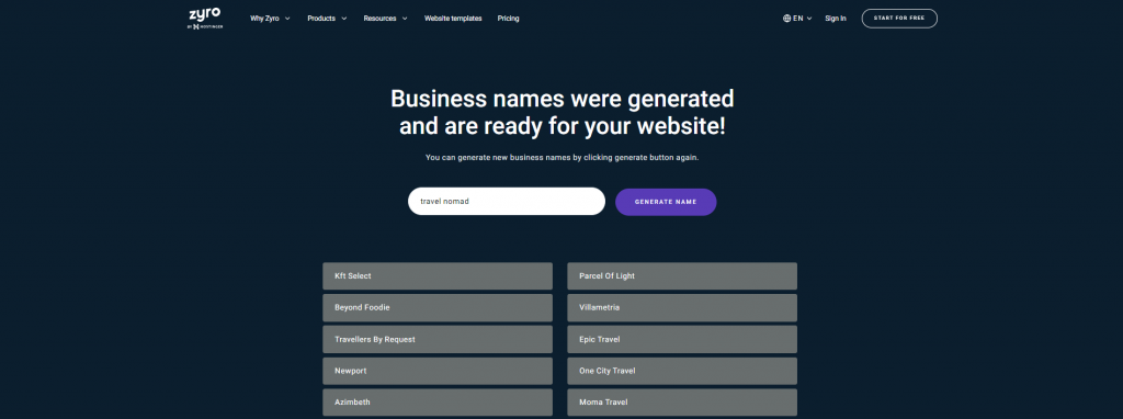 The interface of Zyro's business name generator showing a list of name options for the "travel nomad" keyword