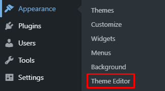 Screenshot of WordPress dashboard showing where to find the Theme Editor.