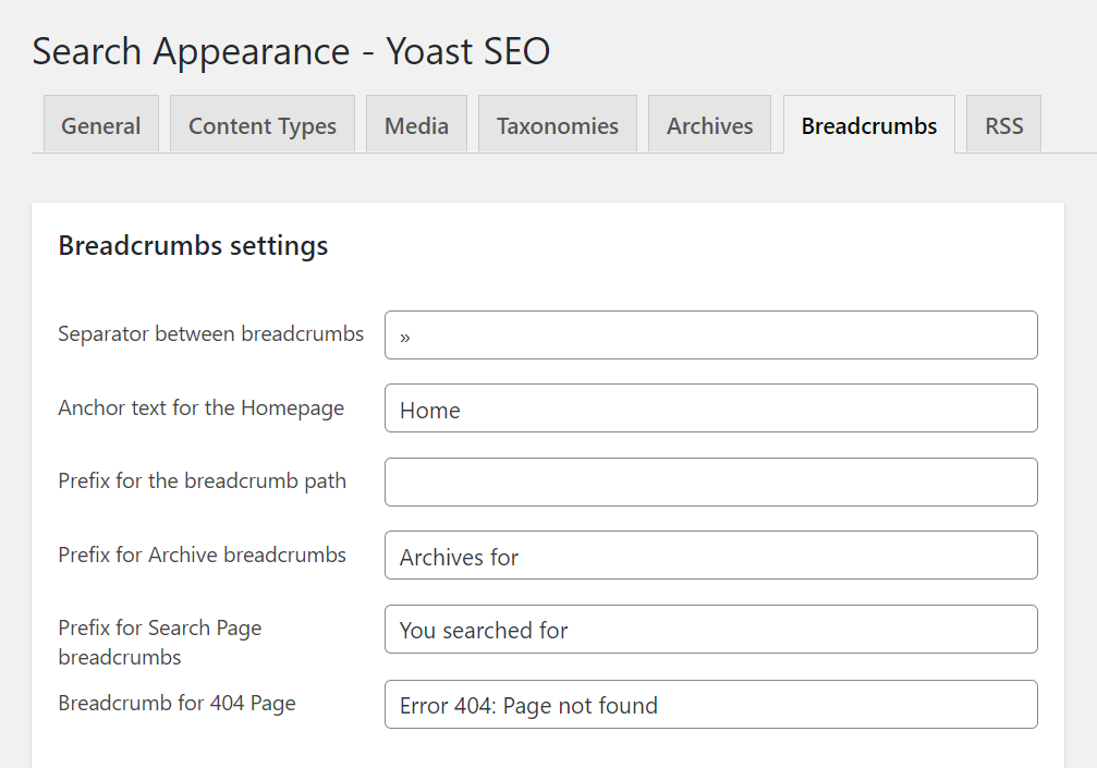 Search appearance settings in Yoast SEO for breadcrumbs 