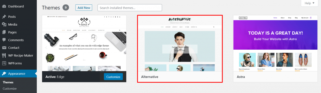 A screenshot from the WordPress dashboard showing where to find the newly added Alternative theme and how it looks.