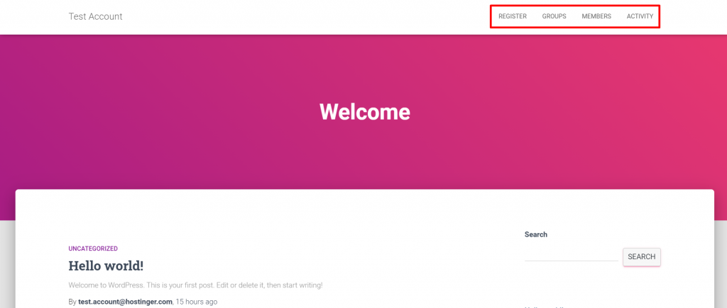 Website example, highlighting BuddyPress's menu