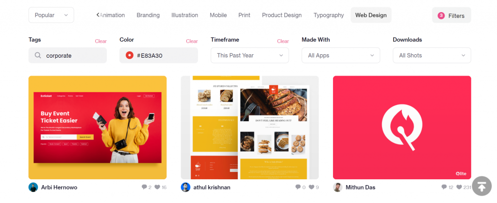 Search filters on Dribbble.