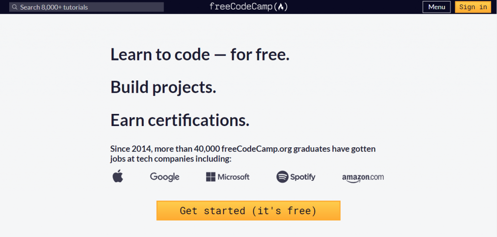 freeCodeCamp website homepage