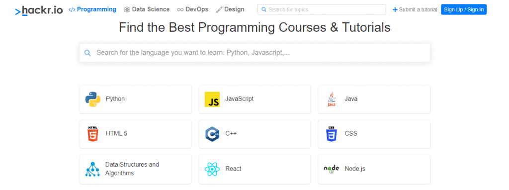 hackr.io programming courses homepage
