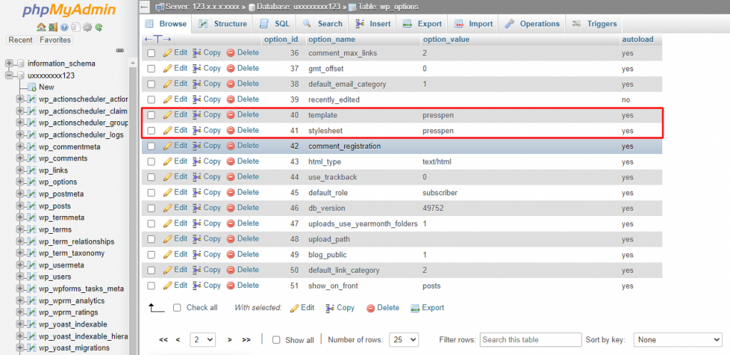 A screenshot from phpMyAdmin page showing where to find the template and stylesheet.