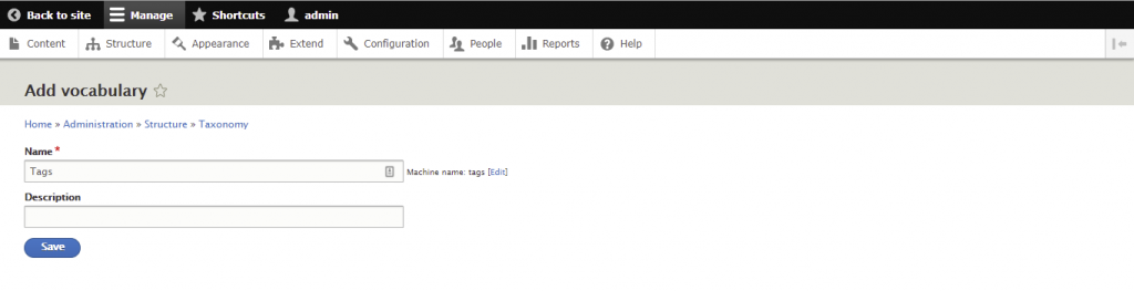 Screenshot from the Drupal dashboard showing how to add vocabulary for tags