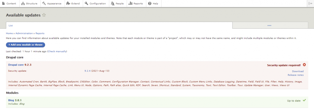 Screenshot from Drupal dashboard showing how to check if there are available updates