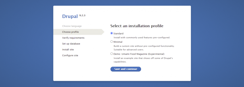 Screenshot from the Drupal installer showing how to select a standard installation profile