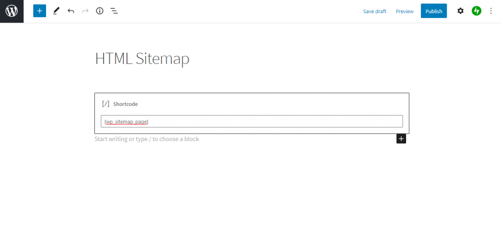 Inserting the shortcode to add the HTML sitemap.