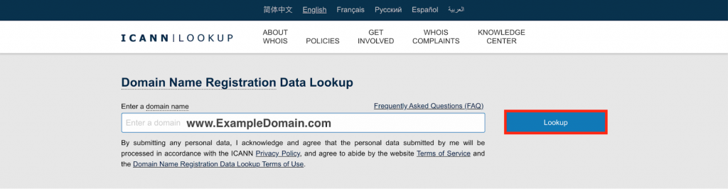 Using ICANN Domain Name Registration Data Lookup to check www.ExampleDomain.com.