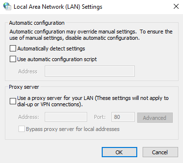 Unticking all the proxy settings in Windows LAN settings