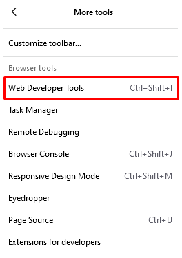Opening Web Developer Tools on Firefox.
