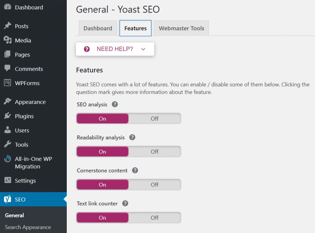 Enetering the Features tab in the General settings of Yoast SEO.