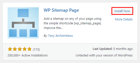 Clicking on the Install Now button to get the WP Sitemap Page plugin.