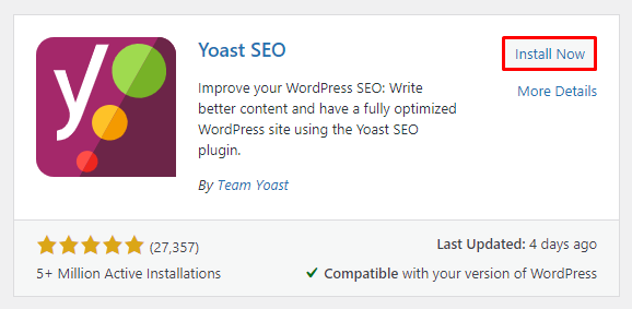 Clicking on the Install Now button to get the Yoast SEO plugin.