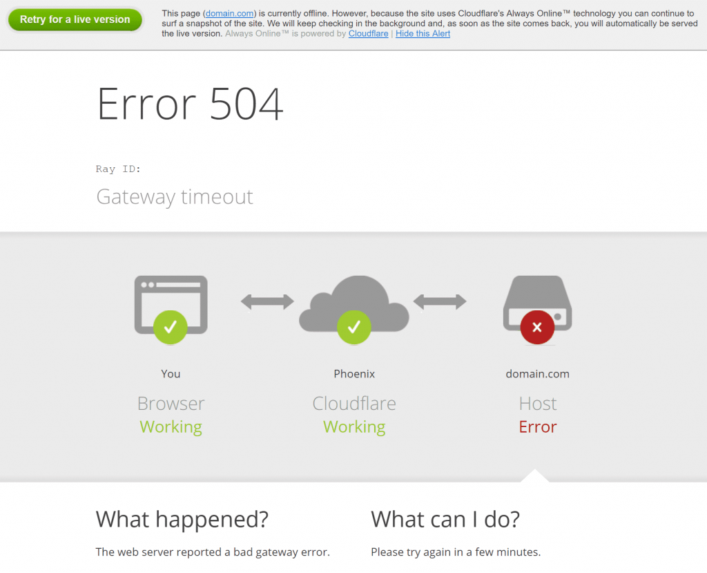 504 error page indicating the problem stems from the web hosting provider.