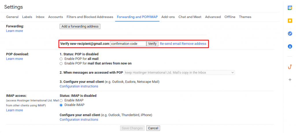 Verifying a new forwarding address on Gmail.