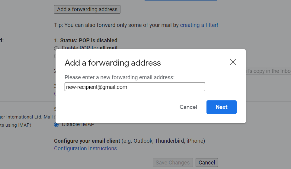 Inputting a new forwarding address on Gmail.