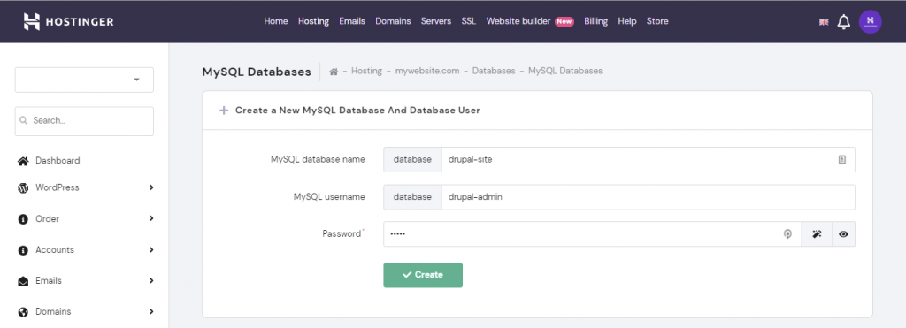 Screenshot from Hostinger's hPanel showing where to create a new database for your Drupal site