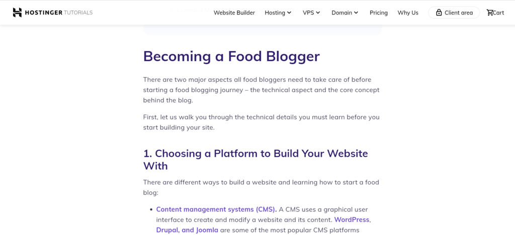Hostinger's article about how to become a food blogger.