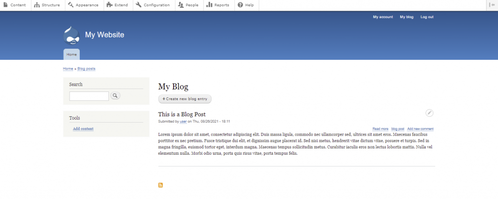 Screenshot from a Drupal website illustrating how a blog post looks like
