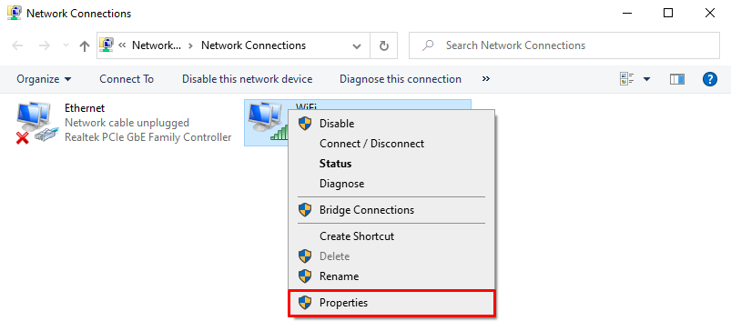 Selecting Properties on the current connection on Windows.