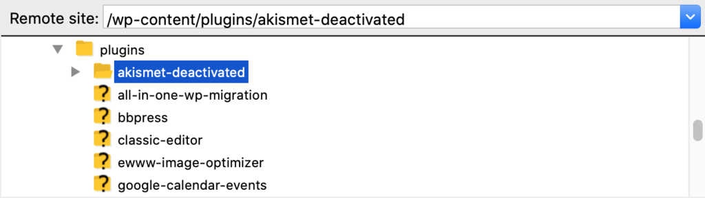Renaming the plugins folder to "akismet-deactivated"