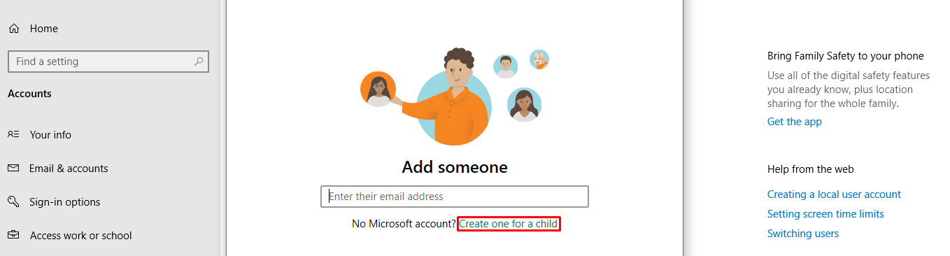 Creating a child account on Windows 10.