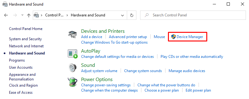 Selecting Device Manager on Windows Control Panel