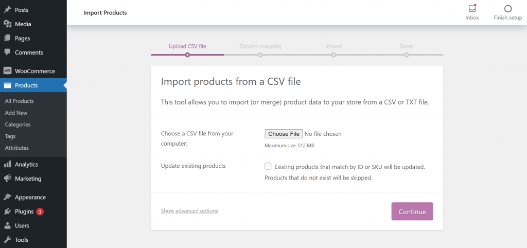 Importing products from a CSV file in WooCommerce.