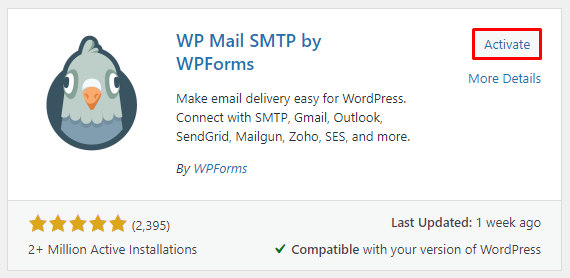 Activating the WordPress plugin WP Mail SMTP by WPForms