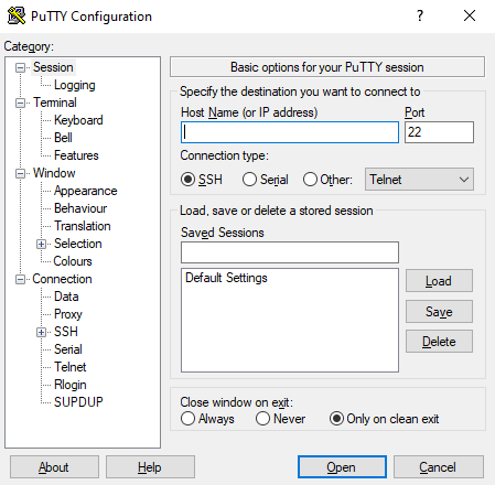 Screenshot of PuTTY configuration.
