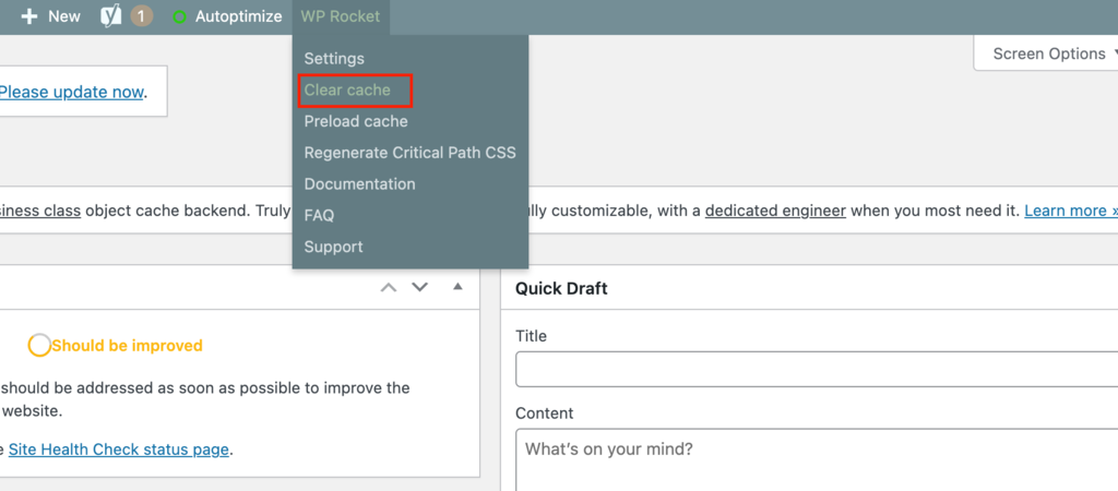 The WordPress toolbar showing where to click WP Rocket's Clear cache option