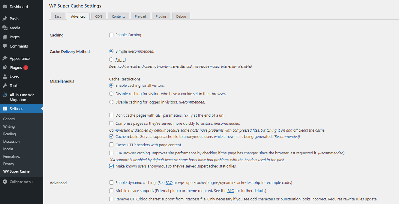 The WP Super Cache advanced settings in the WordPress dashboard