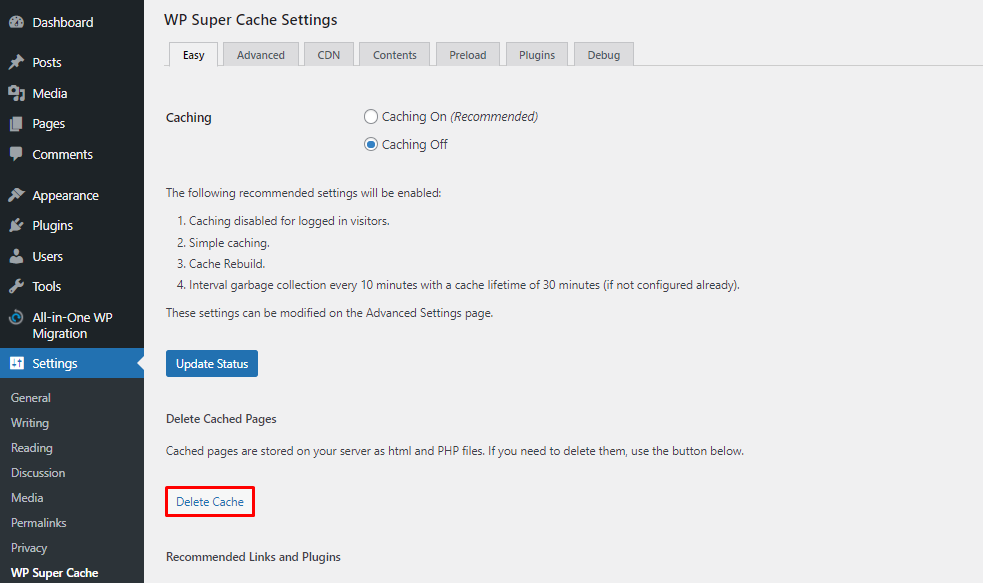 Settings in the WordPress dashboard showing where to click Delete Cache using WP Super Cache