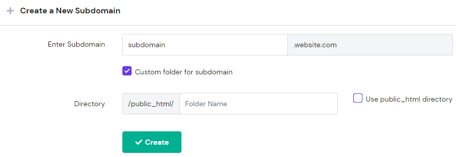 The panel to create a new subdomain on hPanel