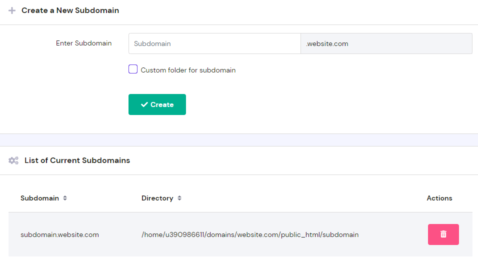 The panel to create a new subdomain, showing the list of available subdomains.
