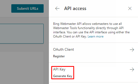 Bing Webmaster Tools API key
