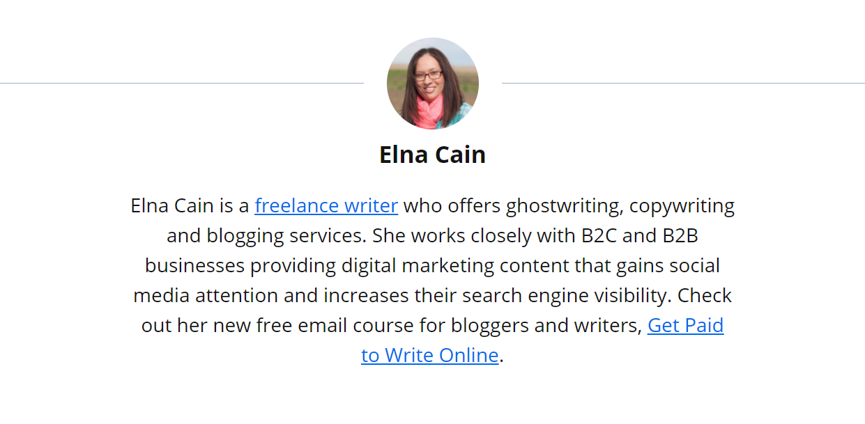 Elna Cain's author bio on her guest post for the Blogging Wizard.