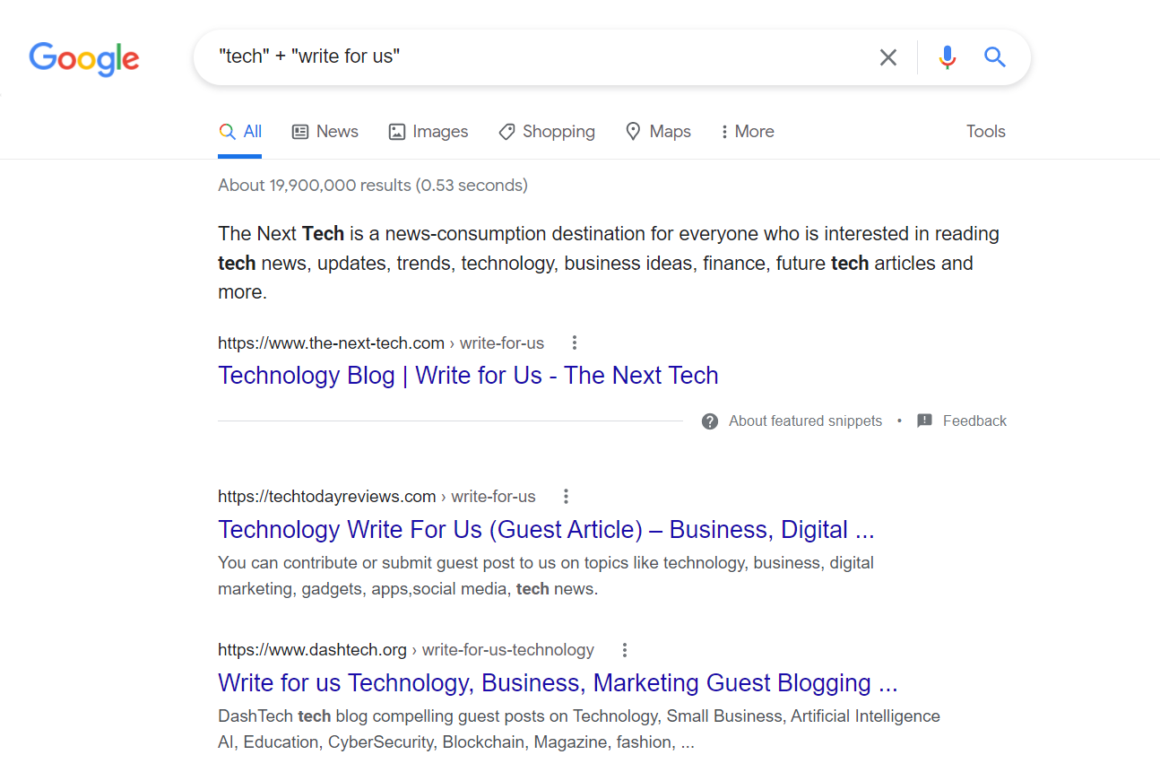 Entering "tech" and "write for us" on Google to find guest post opportunities.
